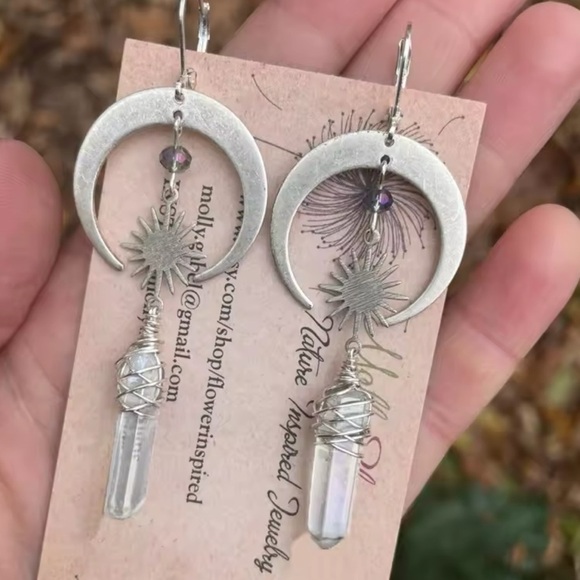 Celestial Gothic Moon And Star Quartz Crystal Earrings - Picture 1 of 9